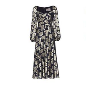 Lela Rose Floral Metallic Long Sleeve Midi Dress Navy , size US 8